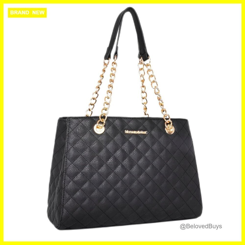 Medium Quilted Tote Bag with Chain Strap, Faux Leather Satchel